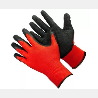Перчатки из красного полиэстра с вспененным черным покрытием на ладони,13 класс вязки