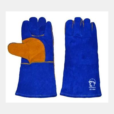 Перчатки кожаные (спилковые) синие на подкладке с усиленной ладонью, длина 35 см, размер 14