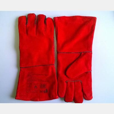 Перчатки кожаные (спилковые) красные на подкладке, длина 35 см, размер 14